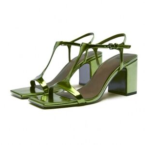 Zara Olive Green Heels with Chunky Block Heel and T-Strap Design